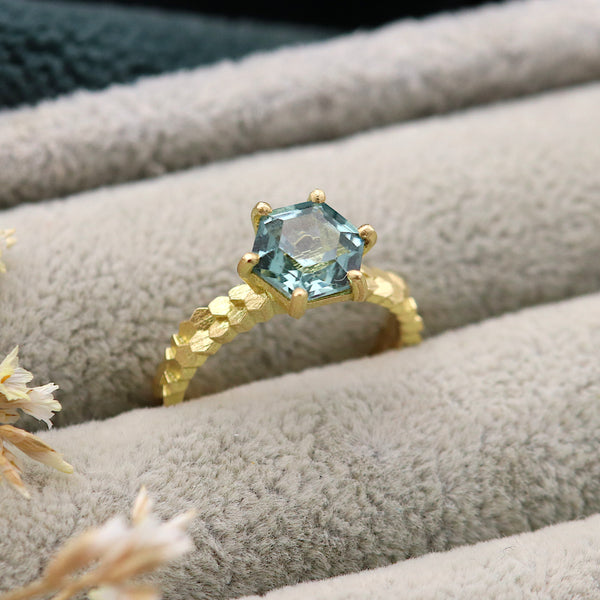 Double Hex Ring with Hexagonal Light Teal Tourmaline