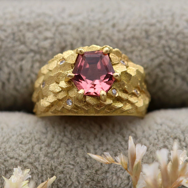 Tapered Hex Ring with Peachy Pink Tourmaline and Diamonds