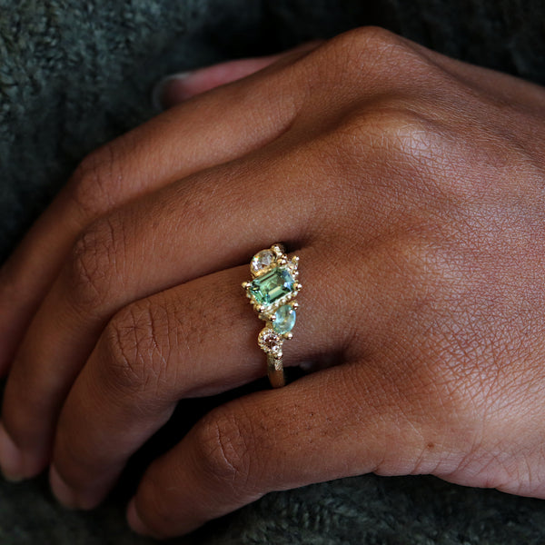 Emerald Cut Green Sapphire Asymmetric Cluster Ring