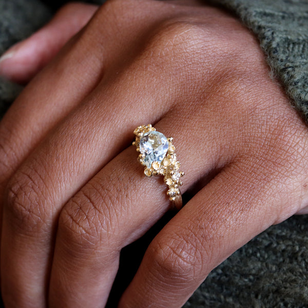 Asymmetric Aquamarine Ring with Diamonds and Barnacles