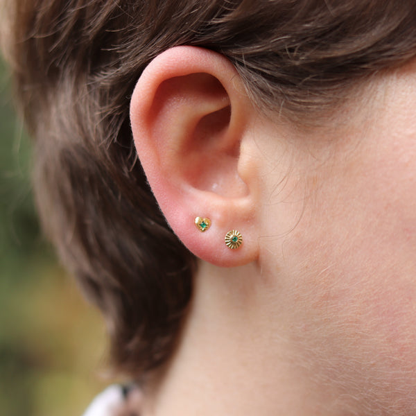 Tiny Stamped Gold Emerald Studs