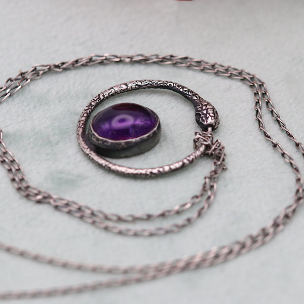 Ouroboros Oxidised Silver Snake Necklace With Amethyst