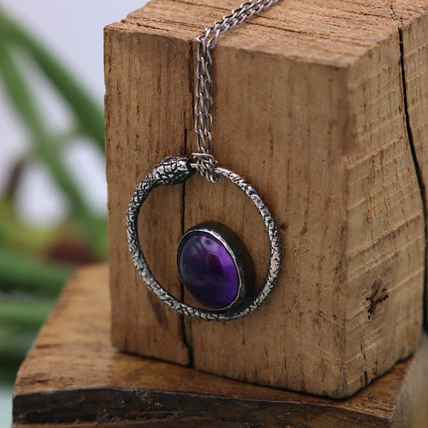 Ouroboros Oxidised Silver Snake Necklace With Amethyst