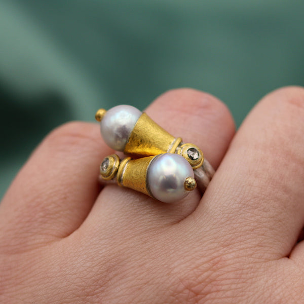 Silver And Gold Pearl Crossover Ring