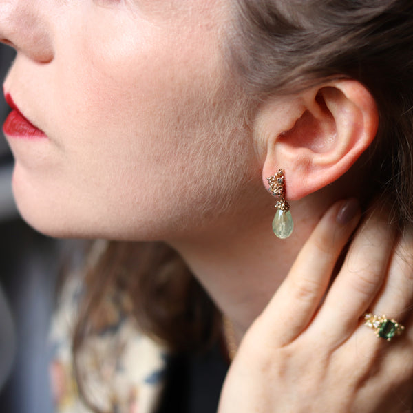 Prehnite Drop Earrings with Grey Diamonds and Barnacles