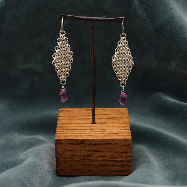 Silver Chain Mail Amethyst Statement Earrings