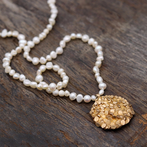 Long Pearl Necklace With Medium Bronze Caddis Pendant