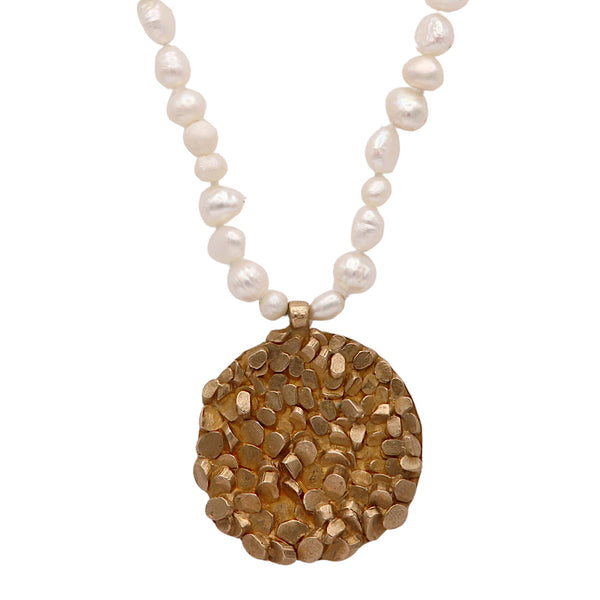 Long Pearl Necklace With Medium Bronze Caddis Pendant