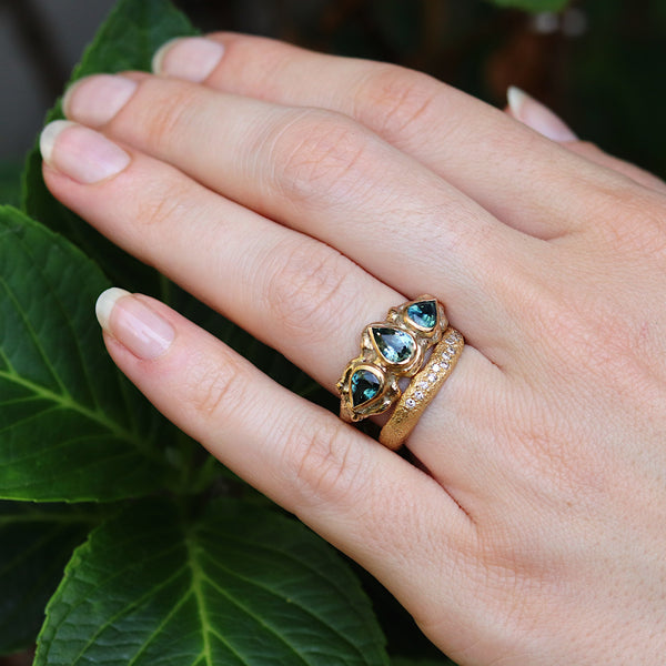Triple Pear Sapphire Molten Carved Ring