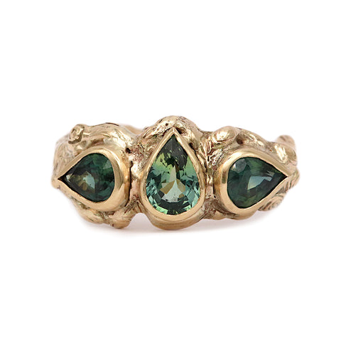 Triple Pear Sapphire Molten Carved Ring