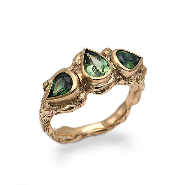 Triple Pear Sapphire Molten Carved Ring