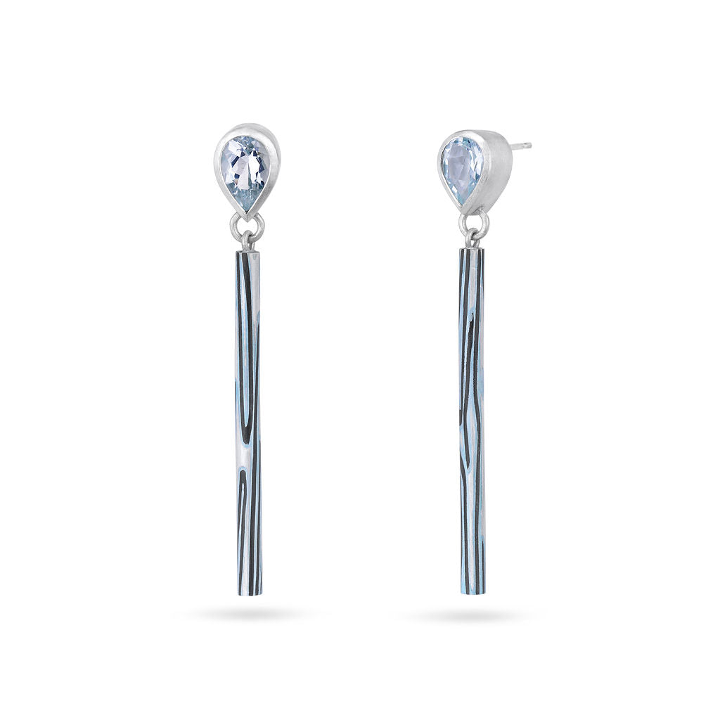 DUALITY Aquamarine Pear Earrings with Inlaid Tubular Drops by Lyndsay Fairley