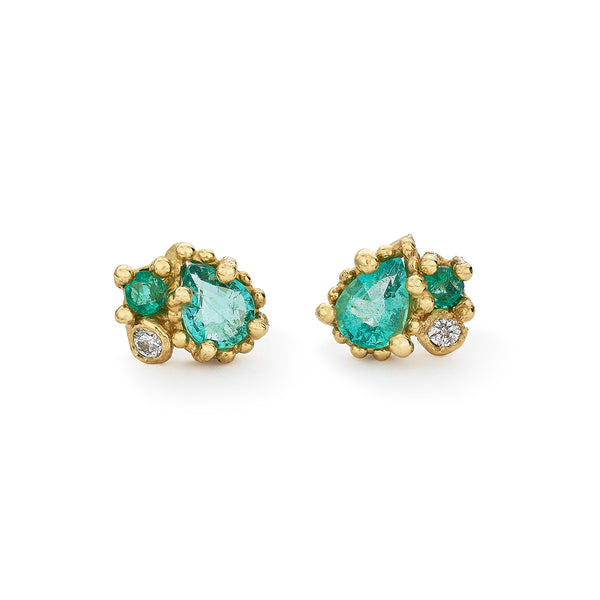 Emerald and Diamond Mixed Cluster Studs