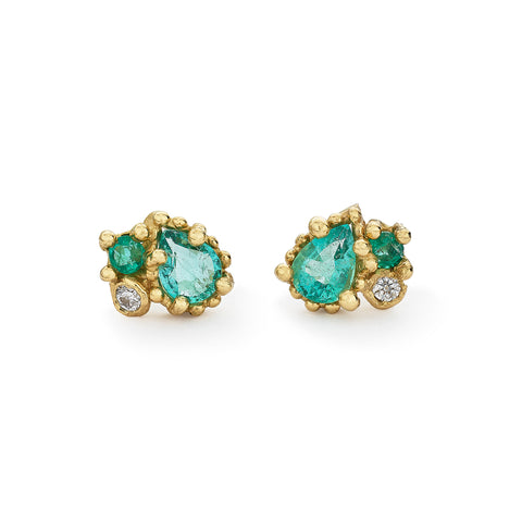 Emerald and Diamond Mixed Cluster Studs