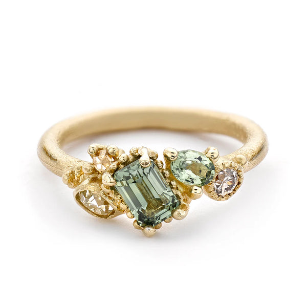 Emerald Cut Green Sapphire Asymmetric Cluster Ring