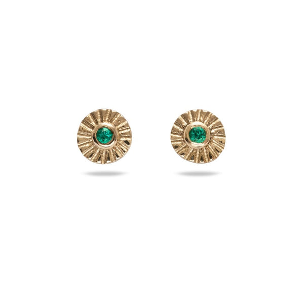 Tiny Stamped Gold Emerald Studs