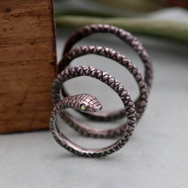 Spiral Oxidised Silver Snake Ring With Opal Eyes