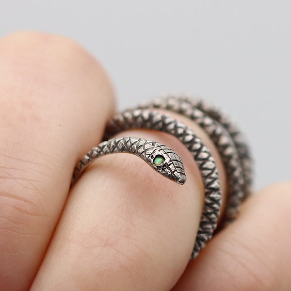 Spiral Oxidised Silver Snake Ring With Opal Eyes