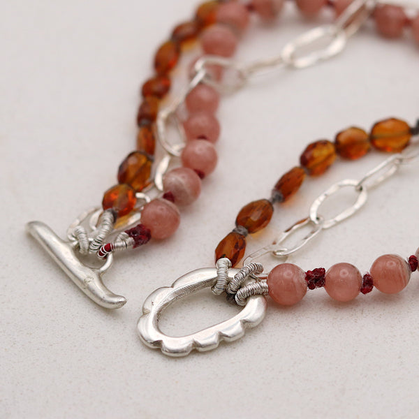 Rhodochrosite And Madeira Citrine Beaded Floral Bracelet