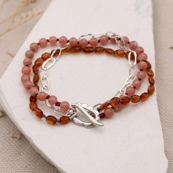Rhodochrosite And Madeira Citrine Beaded Floral Bracelet