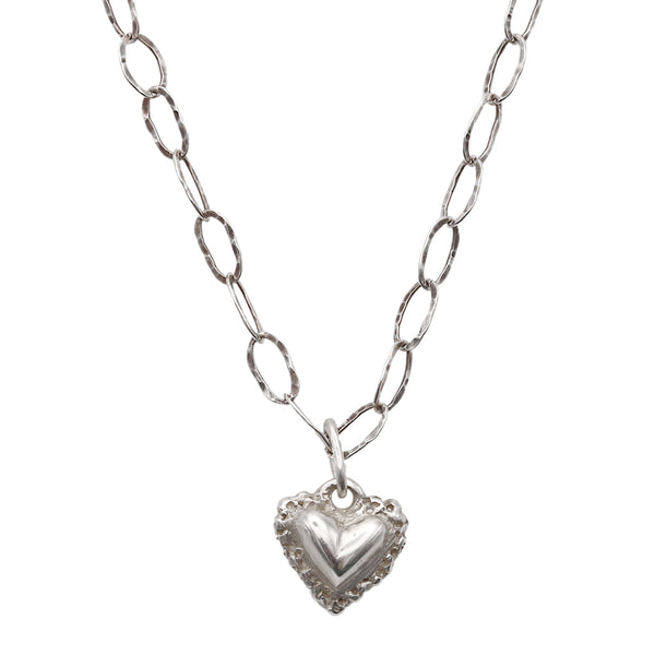 Frilly Silver Heart Pendant And Hammered Chain Necklace