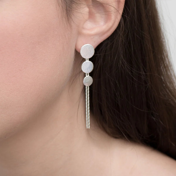 Silver Paillette Triple Disc Drop Earrings
