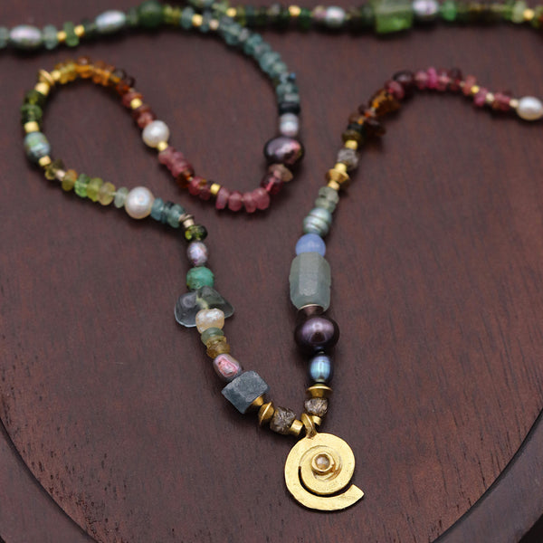 Rustic Rainbow Gemstone Spiral Necklace