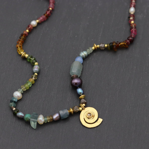 Rustic Rainbow Gemstone Spiral Necklace