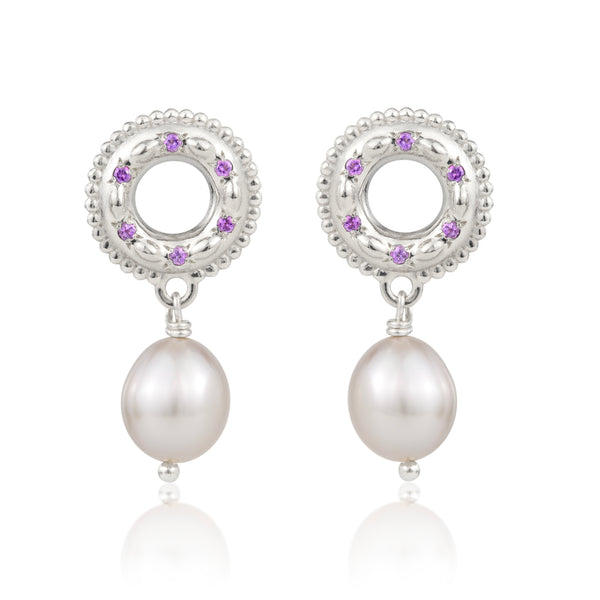 Silver Pearl and Amethyst Drop Earrings