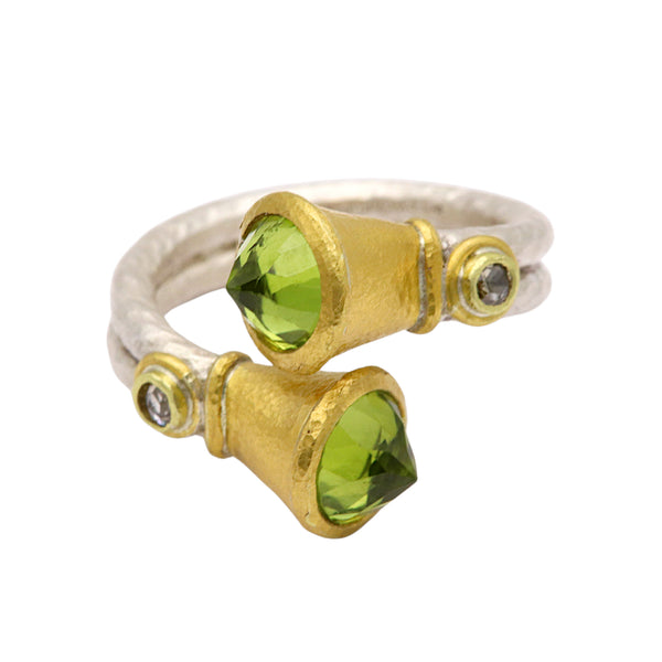 Peridot Silver And Gold Crossover Ring With Diamonds