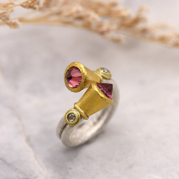Pink Tourmaline Silver And Gold Crossover Ring With Diamonds
