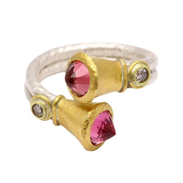 Pink Tourmaline Silver And Gold Crossover Ring With Diamonds