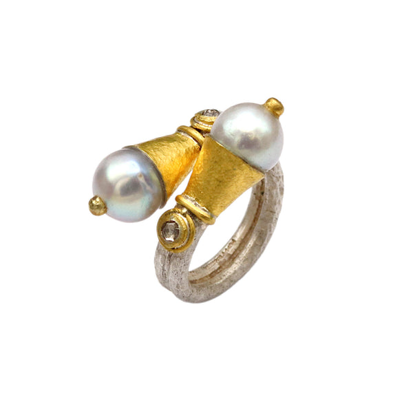 Silver And Gold Pearl Crossover Ring