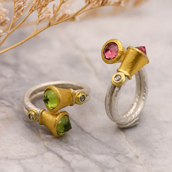 Peridot Silver And Gold Crossover Ring With Diamonds