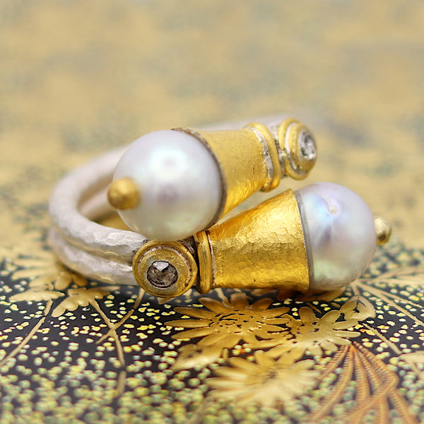 Silver And Gold Pearl Crossover Ring