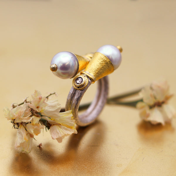 Silver And Gold Pearl Crossover Ring