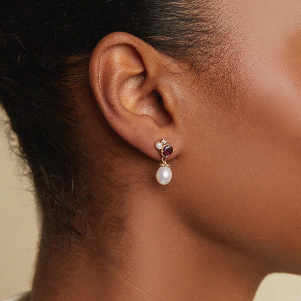 Oval Garnet Mixed Cluster Pearl Drop Earrings