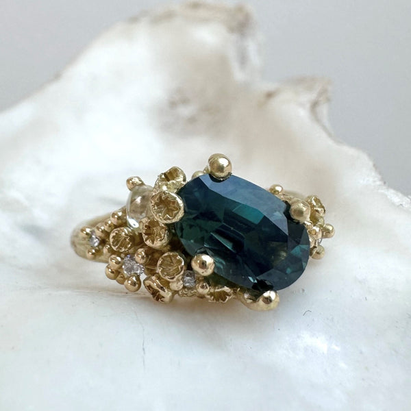 Teal Sapphire and Ocean Diamond Asymmetric Cluster Ring With Barnacles
