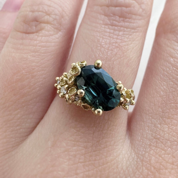 Teal Sapphire and Ocean Diamond Asymmetric Cluster Ring With Barnacles