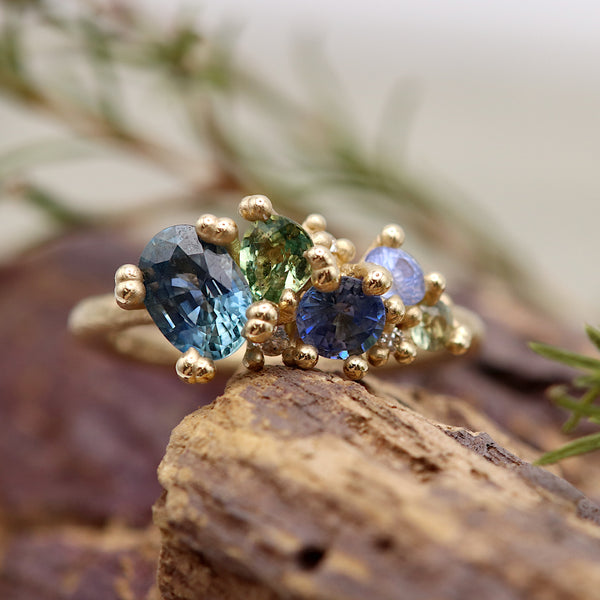Mixed Sapphire and Diamond Tumbling Cluster Ring