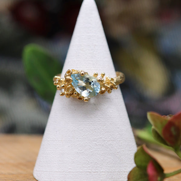 Asymmetric Aquamarine Ring with Diamonds and Barnacles