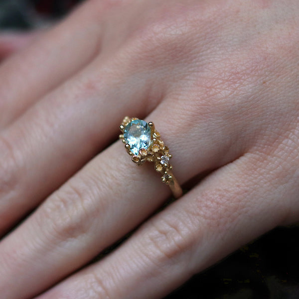 Asymmetric Aquamarine Ring with Diamonds and Barnacles