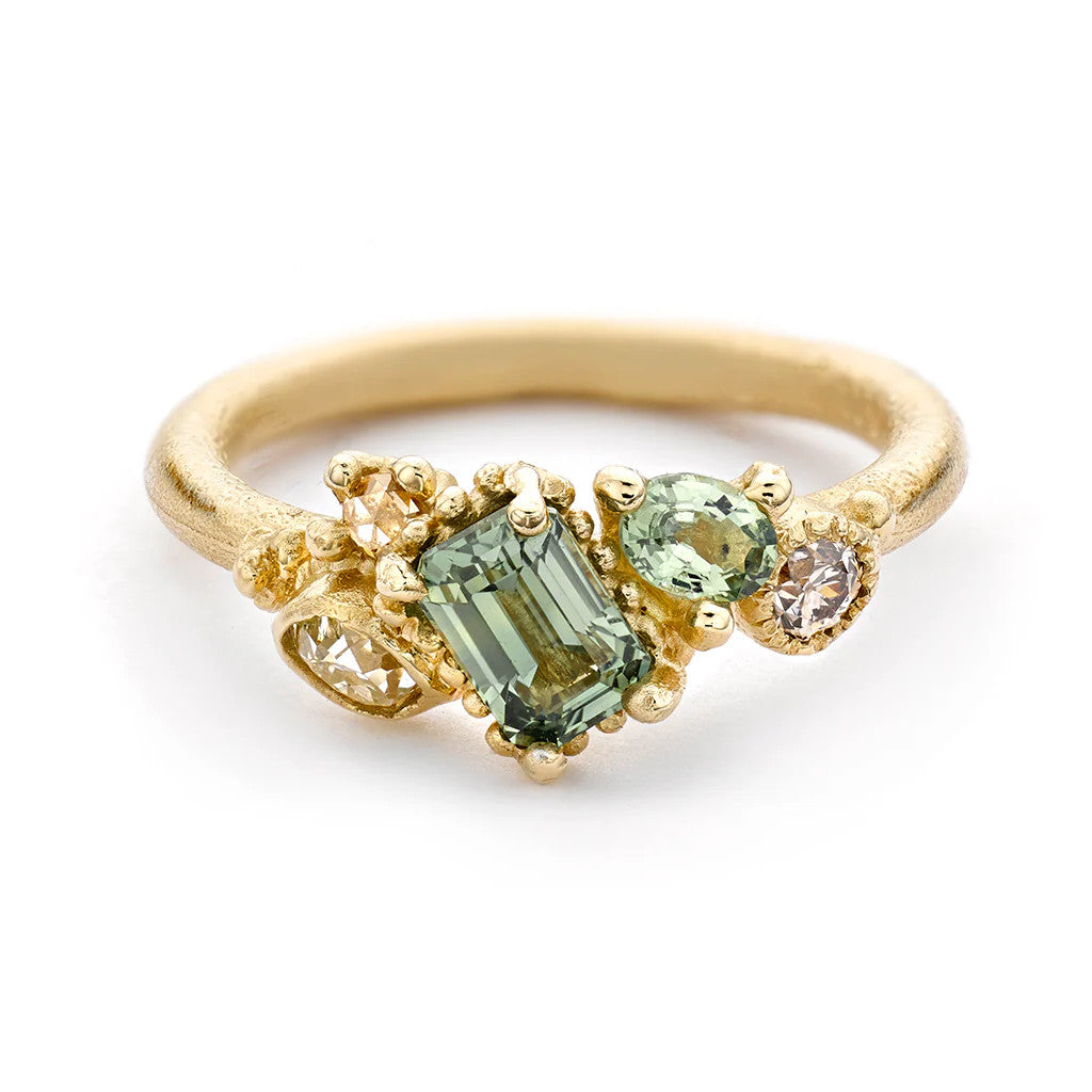 Emerald Cut Green Sapphire Asymmetric Cluster Ring
