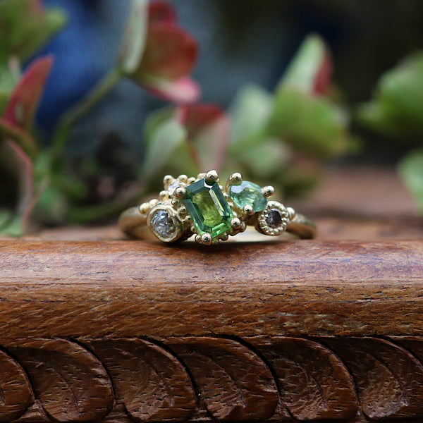 Emerald Cut Green Sapphire Asymmetric Cluster Ring