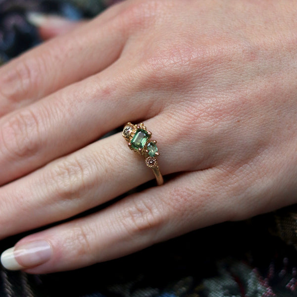 Emerald Cut Green Sapphire Asymmetric Cluster Ring