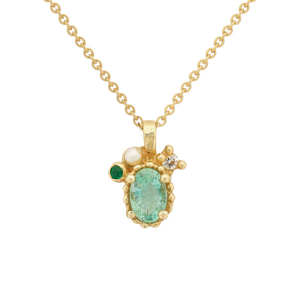 Emerald and Pearl Pendant with Beaded Setting