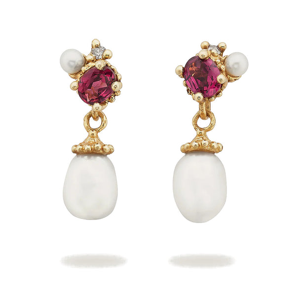 Oval Garnet Mixed Cluster Pearl Drop Earrings