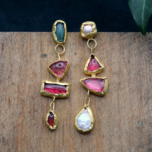 Pink And Green Tourmaline And Pearl Drop Earrings