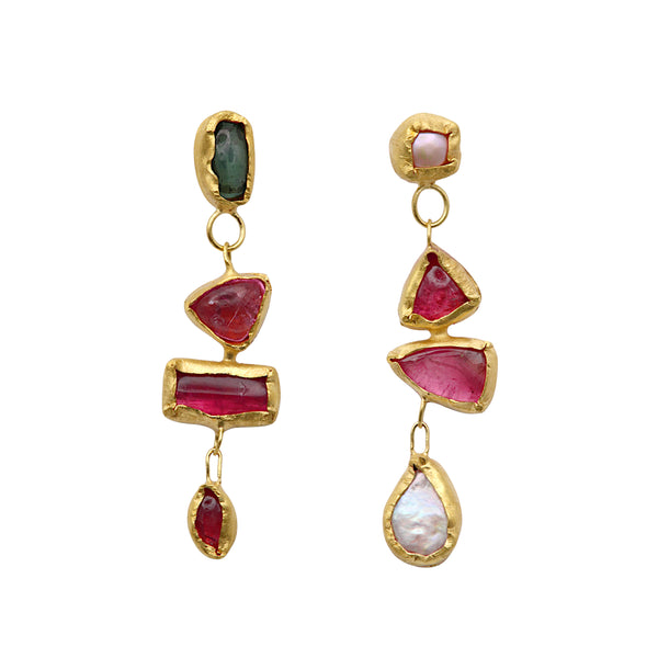 Pink And Green Tourmaline And Pearl Drop Earrings