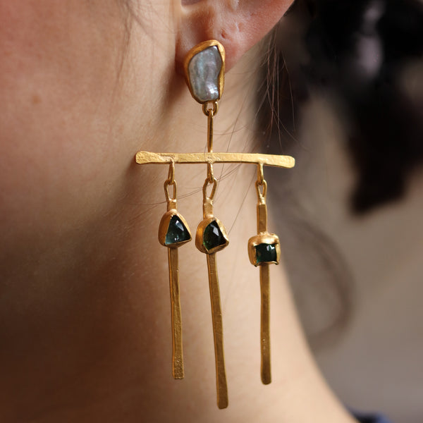 Baroque Pearl And Sea Tone Tourmaline Earrings